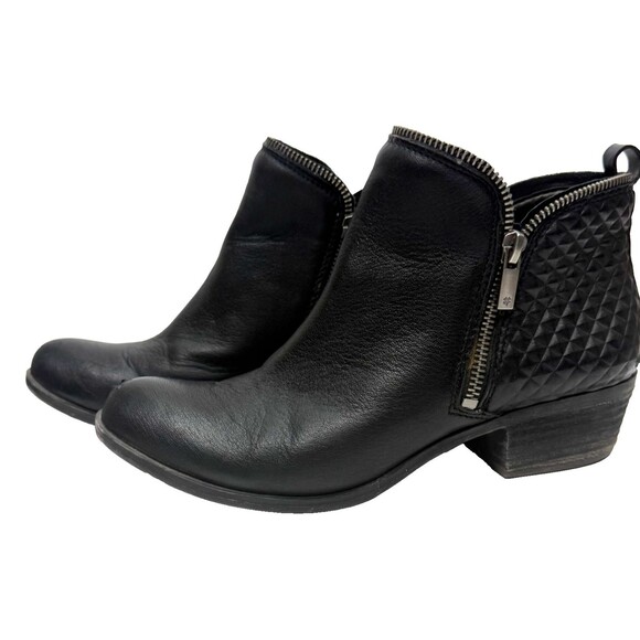 Lucky Brand Booties Black Leather Boho Ankle Boots Textured Zip Moto Women's 8.5 - Picture 1 of 6